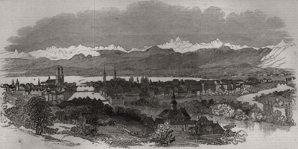 Panorama of Zurich. Switzerland 1847 old antique vintage print picture